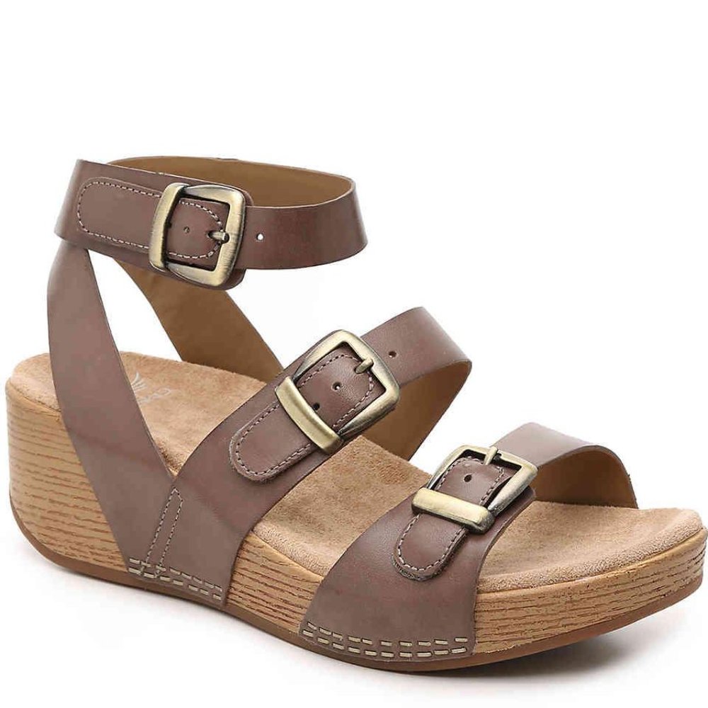 DANSKO Taupe Leather LOU Wedge Sandals 8.5-9 US Ankle Strap